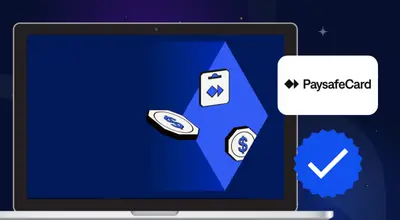 Paysafecard-maksutapa tietokoneruudulla kolikoiden ja hyväksyntämerkin kanssa