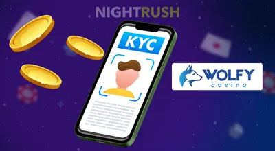 KYC puhelimessa, jossa on kolme kolikkoa ja Wolfy Casinon logo violettia taustaa vasten.