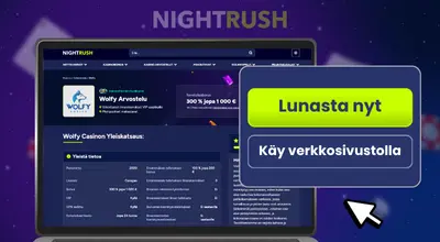 Wolfy kannettavalla tietokoneella, jossa on lunasta nyt-painike violettia taustaa vasten.