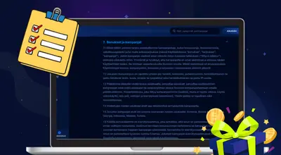 Kannettavan näytöllä suomenkieliset bonusten ja kampanjoiden ehdot leikepöydän vieressä.