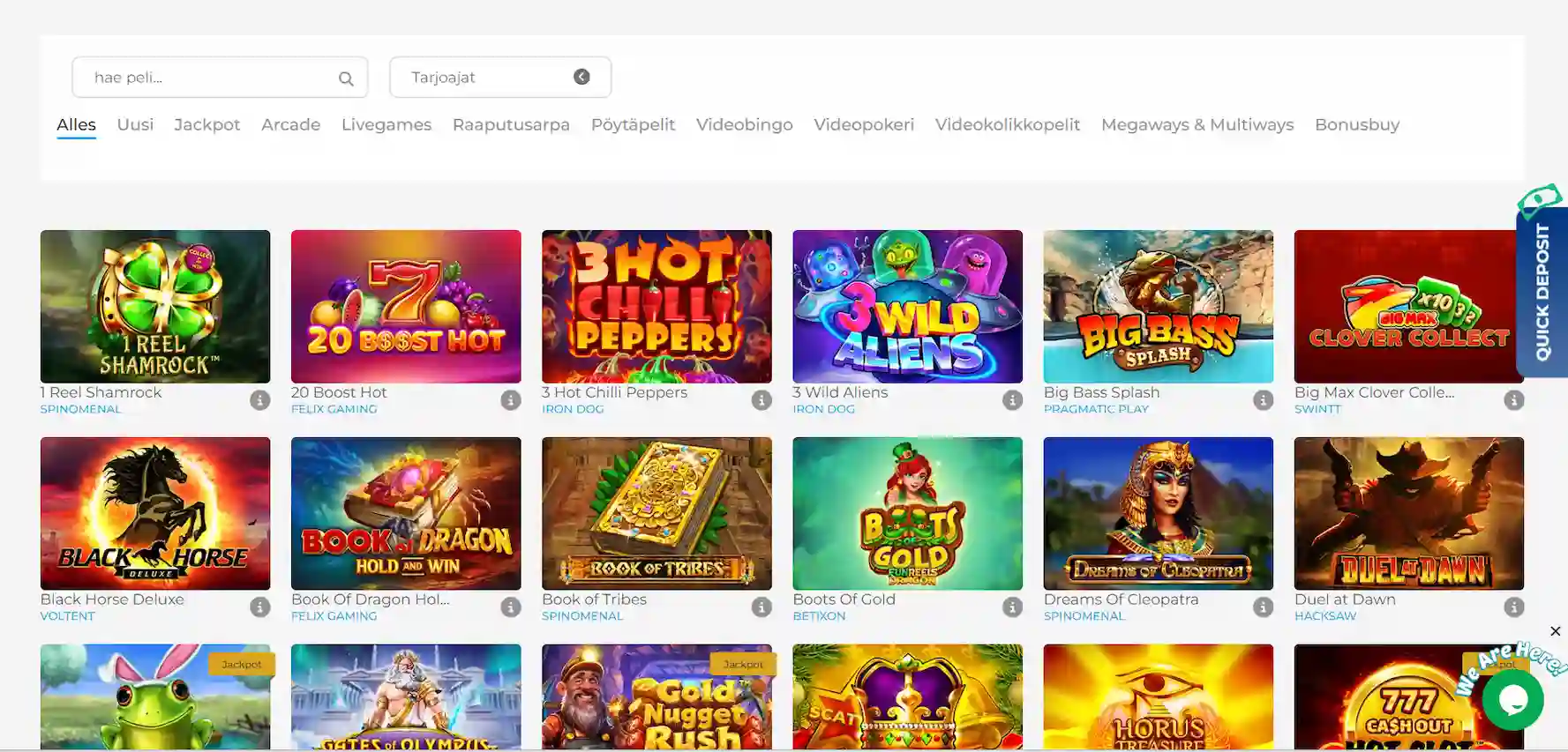 Wolfy Casinon pelivalikoima suodatusvaihtoehdoilla valkoisella taustalla.