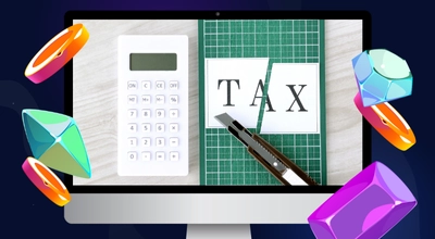 Tietokoneen näyttö, jolla on kuva laskimesta ja leikatusta TAX-tekstistä vihreällä alustalla.