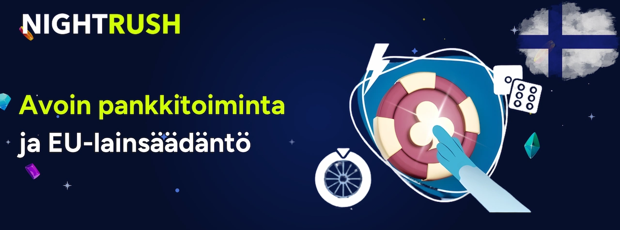 Kuvituksena on pelimerkki, noppia ja Suomen lippu tummansinisellä taustalla.