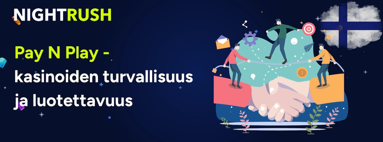 Kuvituksena on kaksi kättelevää kättä, yhteistyötä kuvaavia hahmoja sekä Suomen lippu tummansinisellä taustalla.