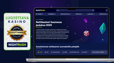 Kannettava tietokone, jossa näkyy NightRush-kasinosivusto, ja sen vieressä kultainen Luotettava Kasino -merkki.