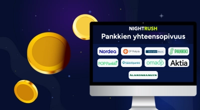 Tummansininen tausta, suomalaispankkien logot ja kultakolikot.