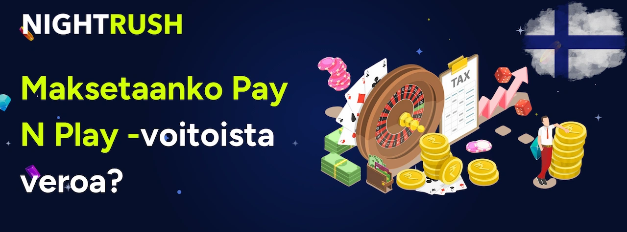 Kuvituksena ruletti, pelikortteja, rahakasoja, verolomake tummansinisellä taustalla.