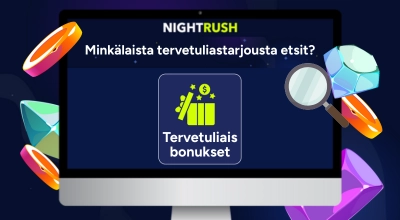 Nightrush-mainos tietokoneen näytöllä. Keskellä on Tervetuliaisbonukset-osio lahjapakkauksella,