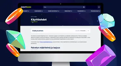 NightRush-sivuston käyttöehtosivu tietokoneen näytöllä, ympärillään värikkäitä jalokiviä ja kolikoita.