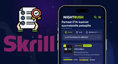 Älypuhelimen näyttö: Luotettavia EU-kasinoita ja Skrill-logo.