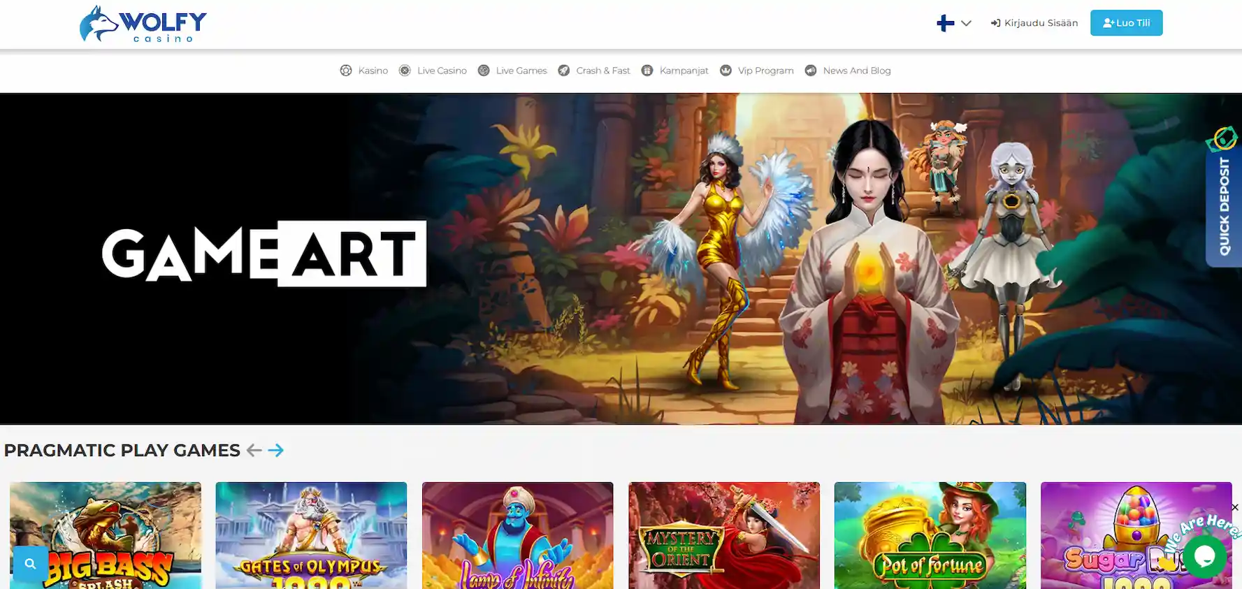 Wolfy Casinon pääsivu, banneri, jossa on GameArt-hahmot ja valikoituja pelejä valkoisella taustalla.