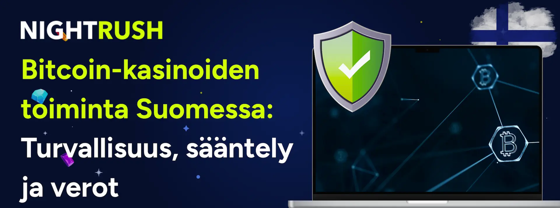Tumma sininen tausta, ylhäällä Nightrush-logo. Alla teksti: Bitcoin-kasinoiden toiminta Suomessa: Turvallisuus, sääntely ja verot. Oikeassa reunassa myös läppärin kuva, jossa näytöllä näkyy Bitcoin-logoja.