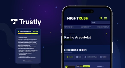 Kuvake ja teksti luotettava kasino, lisäksi läppärin näytöltä näkymä nettisivulta.
