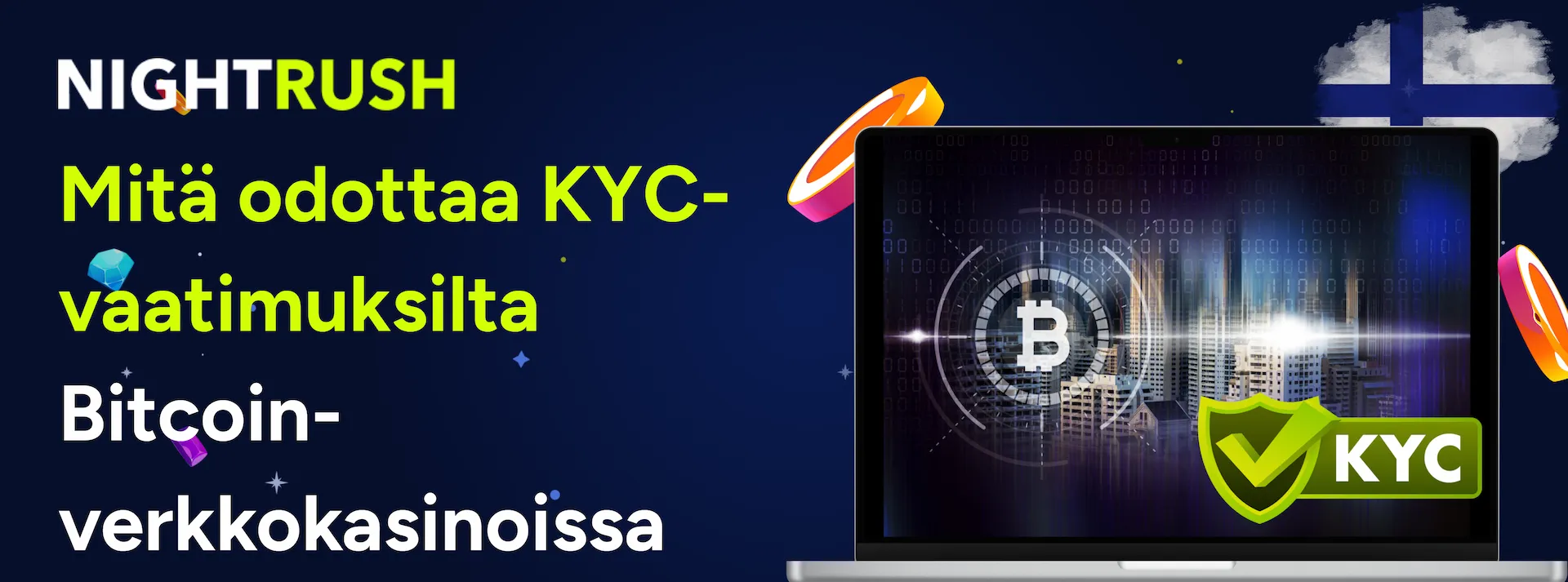 Tumma sininen tausta, jossa Nightrush-logon alla tekstinä: Mitä odottaa KYC-vaatimuksilta Bitcoin-verkkokasinoissa. Lisäksi kuvassa oikealla tietokone, jonka näytöltä löytyy Bitcoin-logo, KYC-kuvake ja yläreunasta Suomen lippu.