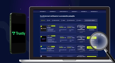 Trustly logo ja toisella puolella tietokoneen näytöllä kaappaus nettisivun sisällöstä Pyrimme aina tarkistamaan jokaisen Trustly-kasinon monipuolisuuden ja ainutlaatuisuuden.