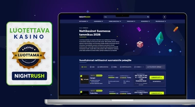 Tumma sininen tausta, esillä on “Luotettava kasino - Nightrush” -kuvake ja lisäksi läppärin näytöllä näkyvä artikkeli Suomen nettikasinoista