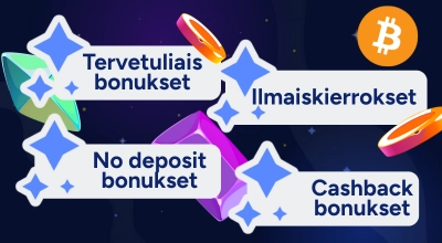 Tummalla sinisellä taustalla tähtikuvioita ja tekstejä valkoisella taustalla. Tekstinä ovat Tervetuliais bonukset, Ilmaiskierrokset, No deposit bonukset ja Cashback bonukset