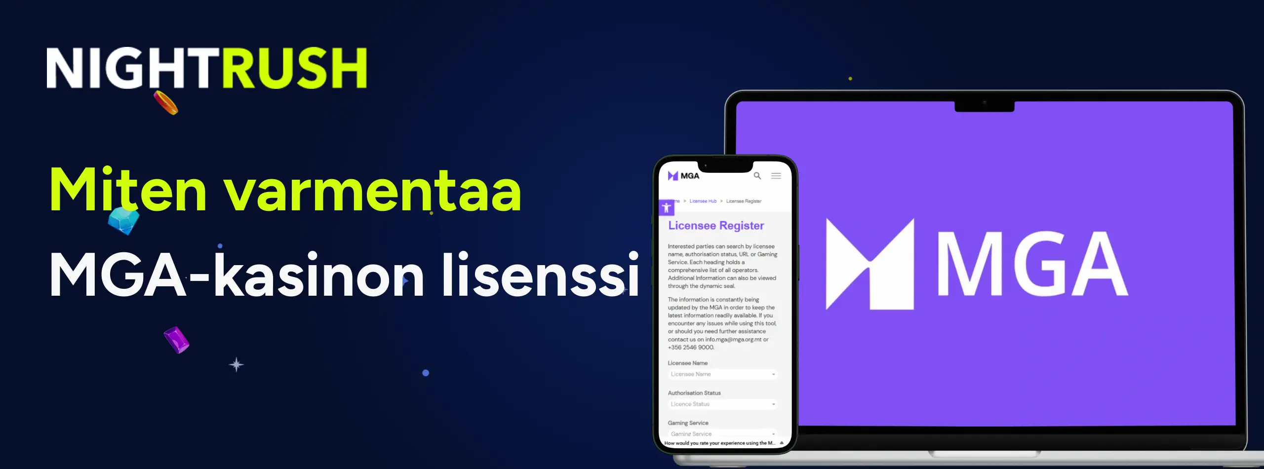 Tumma banneri, jossa näkyy Nightrush-logo sekä teksti "Miten varmentaa MGA-kasinon lisenssi".