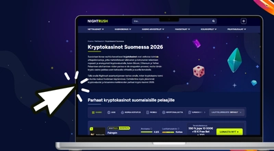 Tumma sininen tausta, kuvassa läppärin näytöllä näkyvä artikkeli nettisivulta