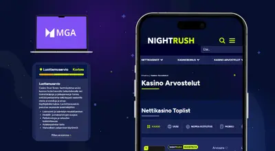 Tumma sininen tausta, MGA-logo läppärin näytöltä ja sen alla laatuluokittelu ja lisäksi Nightrush-logo.