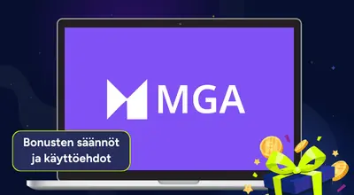 Lisäkuvassa läppärin näytöllä MGA-logo ja vasemman reunan laatikossa teksti: Bonusten säännöt ja käyttöehdot