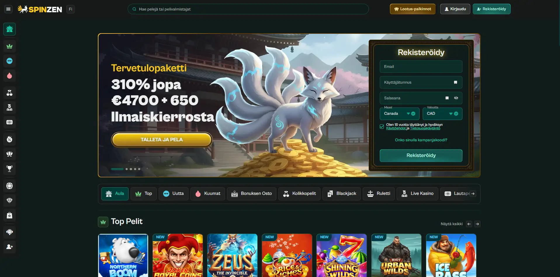 Kuvassa näytöltä Spinzen Casinon näkymä, iso pelivalikoima ja valikot englannin kielellä