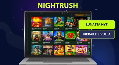 Läppärin näytöltä näkyy Spinzen-kasinoarvostelu ja Lunasta nyt -painike punaisten ja vihreiden pelimerkkien vieressä.