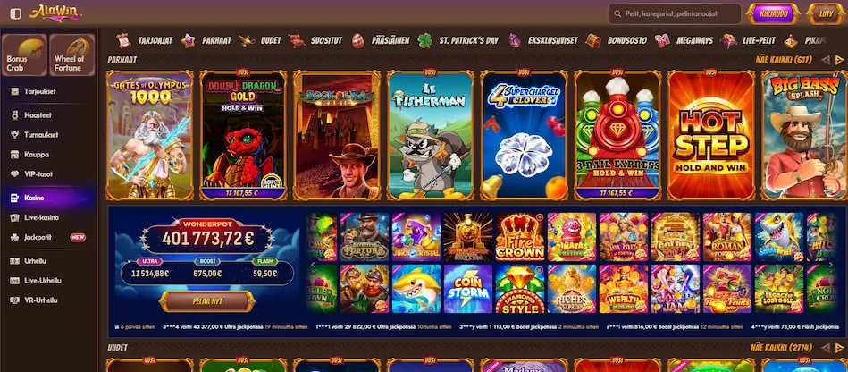 Kasinopelivalikoima Alawin Casinon etusivulla, vasemmalla reunalla valikko