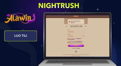 Alawin Casino logo ja tekstilaatikko Luo tili, tietokoneen näytöllä näkyy rekisteröitymi-sivu ja ohjeet.