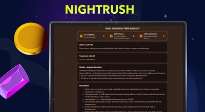 Ylhäällä on esillä Nightrush logo ja tietokoneen näytöllä esitetään bonusten oleellisia ehtoja ja sääntöjä.