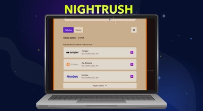 Ylhäällä on esillä Nightrush logo ja tietokoneen näytöllä esitetään maksutapoja.