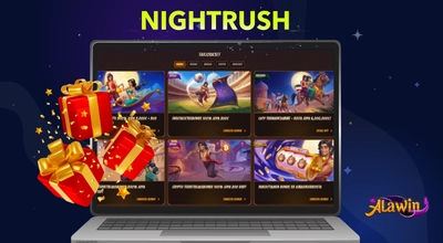Ylhäällä on esillä Nightrush logo ja tietokoneen näytöllä esitetään nettikasinon pelivalikoimaa ja esillä on myös punaisia lahjoja
