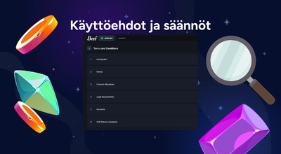 Tummalla taustalla teksti käyttöehdot ja säännöt ja kuvakaappaus pelisivustolta