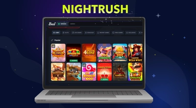 Nightrush logo ja läppärin näytöllä Beef Casinon pelivalikoima, kuvia pelien logoista.