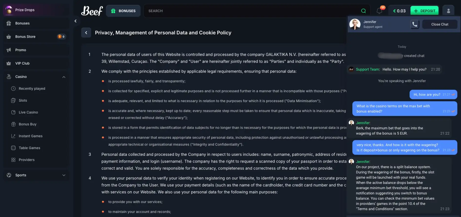 Kuvankaappaus Beef casinon etusivulta, kuvassa pelivalikoimaa ja chat-keskustelu oikeassa reunassa.