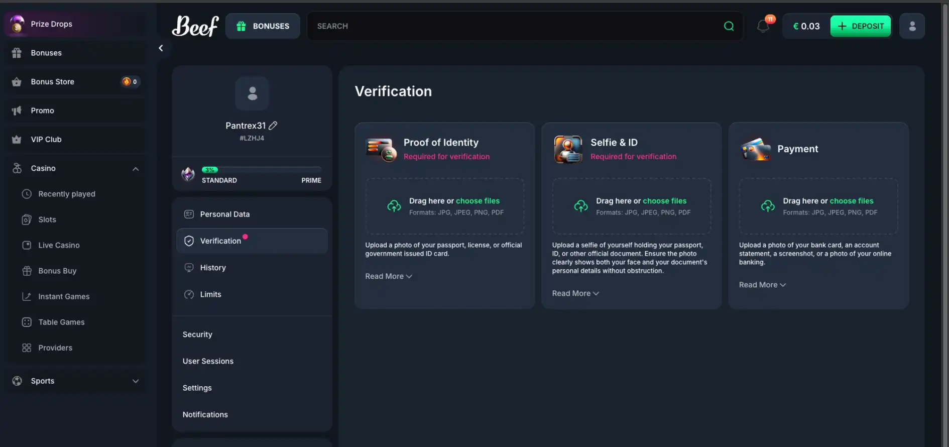 Kuvakaappaus Beef Casinon vahvistusprosessista.