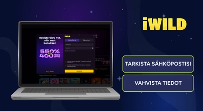 Tietokoneen näytöllä iWild Casino sivusto ja tervetulobonus-mainos, oikealla tekstilaatikoissa tekstit tarkista sähköpostisi ja vahvista tiedot.