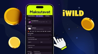 Puhelimen näytöllä teksti maksutavat ja sen alla tarkempia tietoja, oikealla reunalla iWild logo.