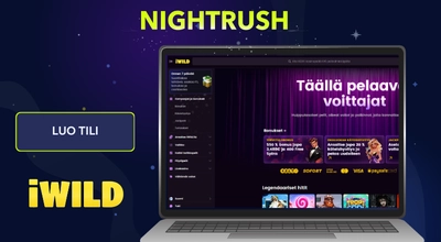 Tietokoneen näytöllä iWild Casinon etusivu, vasemmalla reunalla tekstilaatikko Luo tili.