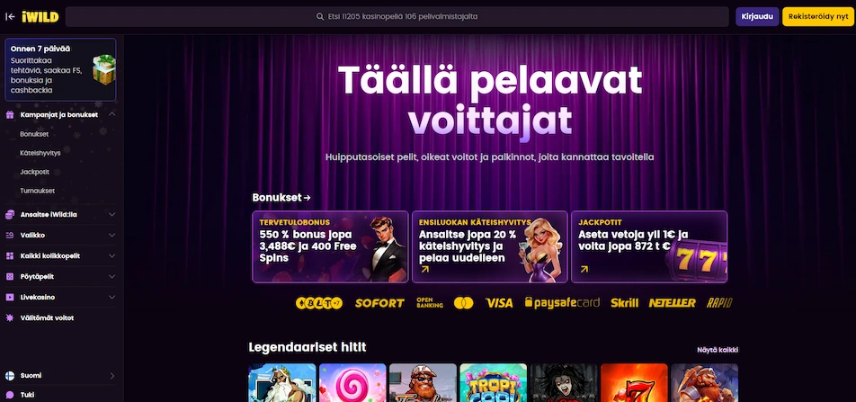 iWild logo vasemmassa yläreunassa ja sen alla sivuston valikko, missä kampanjat ja muut. Keskellä hakupalkki ja sen alla tekstiä Täällä pelaavat voittajat.
