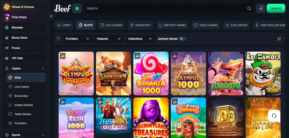 Beef Casinon etusivu englannin kielellä