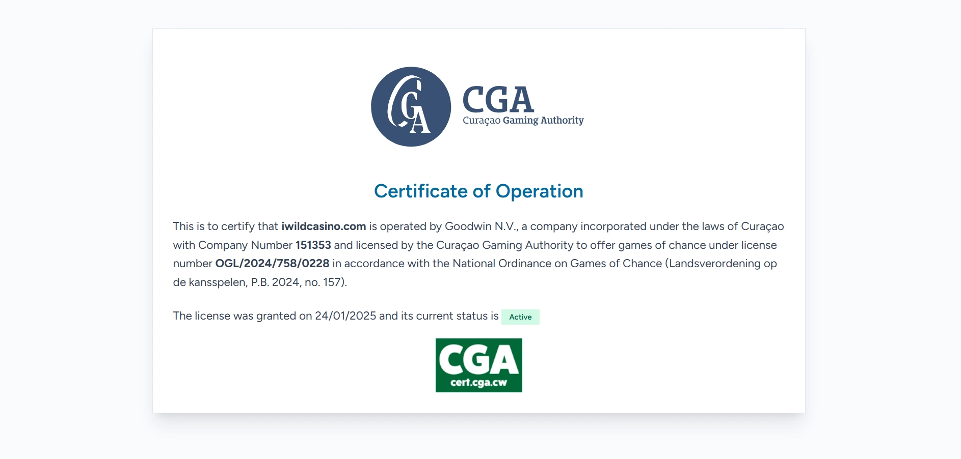 CGA-lisenssin tiedot englanniksi, yläreunassa logo ja sen alla tekstiä.