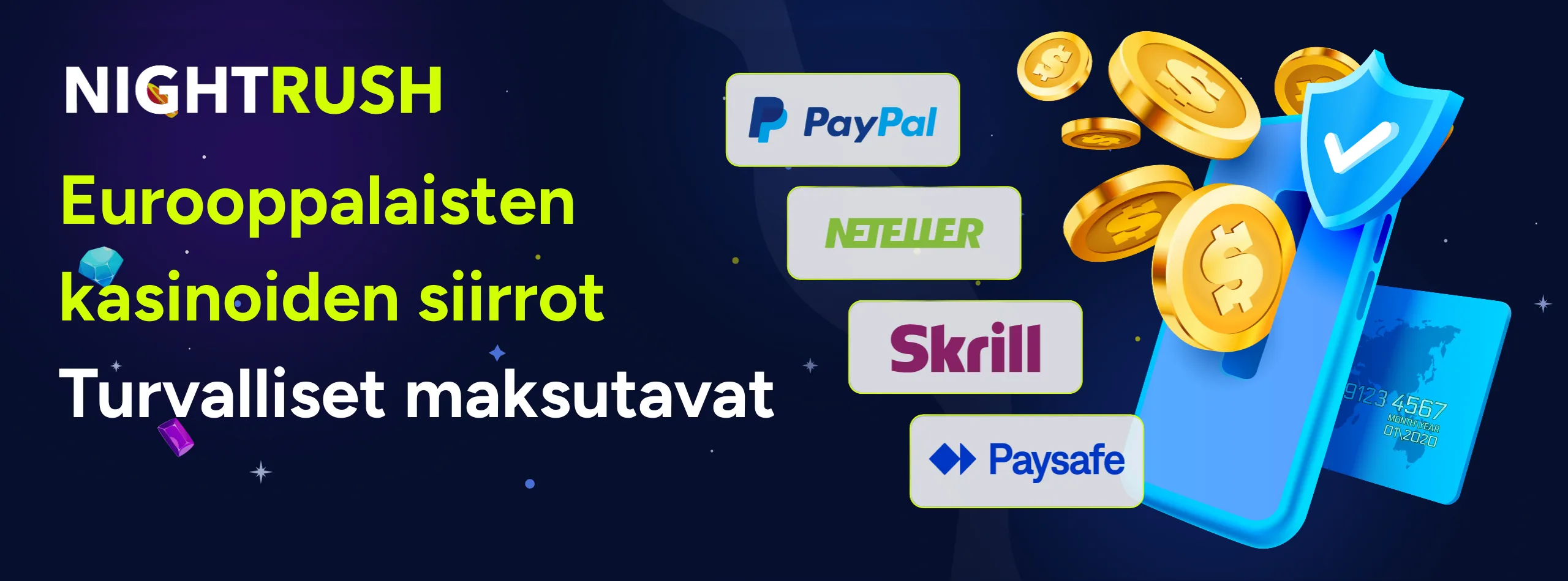 Tummalla taustalla Nightrush-logo ja tekstinä Eurooppalaisten kasinoiden siirrot , turvalliset maksutavat