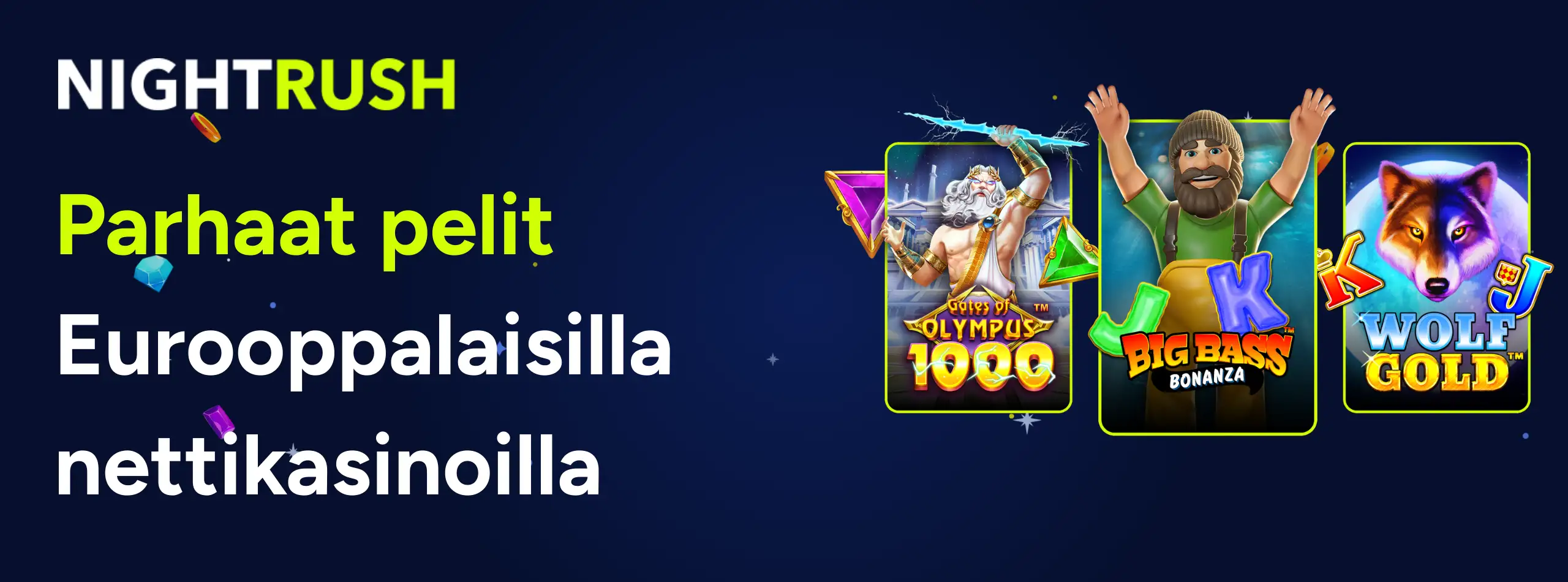 Tummalla taustalla Nightrush-logo ja tekstinä Parhaat pelit Eurooppalaisilla kasinoilla ja kuvia peleistä.