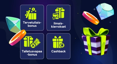 Tummalla taustalla 4 laatikkoa tekstien kera ja timantteja ja lahja. Teksteinä tervetuliaisbonus jne.
