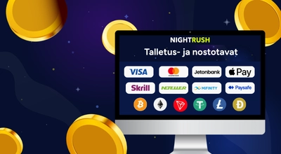 Tummalla taustalla tietokoneen näytöllä Nightrush-logo ja maksutapojen logoja.