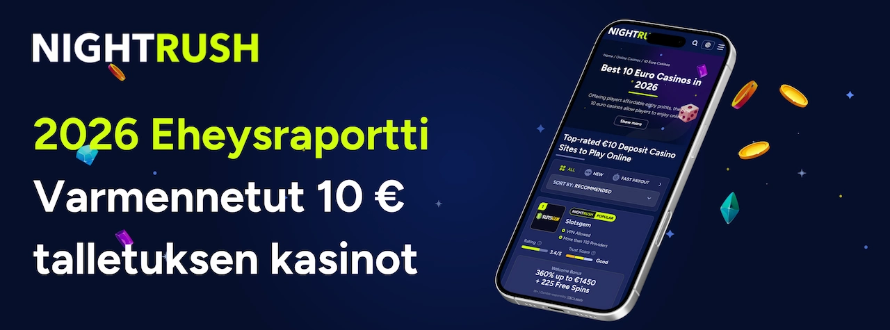 Nightrush logo, 2026 Eheysraportti, varmennetut 10 € talletuksen kasinot
