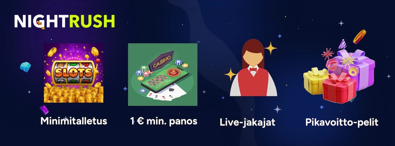 Tummalla taustalla 4 eri kuvaa ja tekstiä, tekstinä minimitalletus, 1 euron minimipanos, live-jakajat jne.