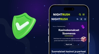 Tummalla taustalla vihreä merkki ja puhelimen näytöllä kasinonäkymä