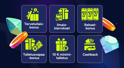 Tummalla taustalla 6 eri laatikkoa missä teksteinä bonuksia, tervetuliaisbonus, ilmaiskierrokset, cashback ja muita.